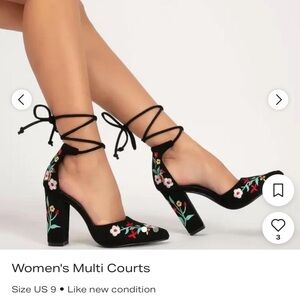 Floral Embroidered Black Heels